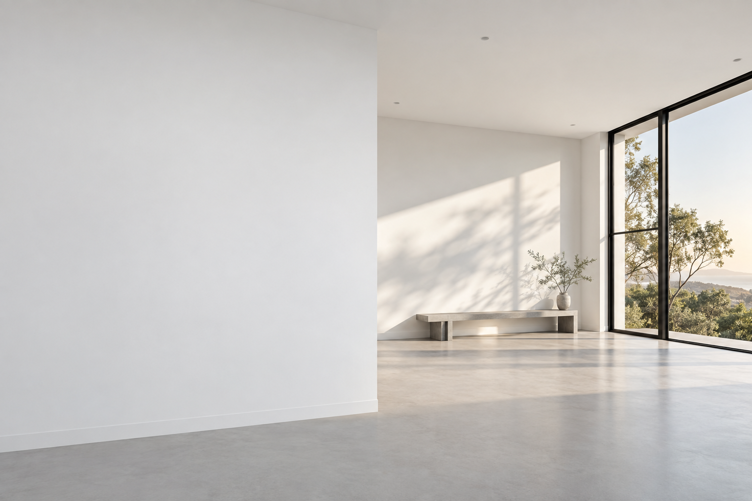 Illustrative contemporary interior with crisp white walls and natural light